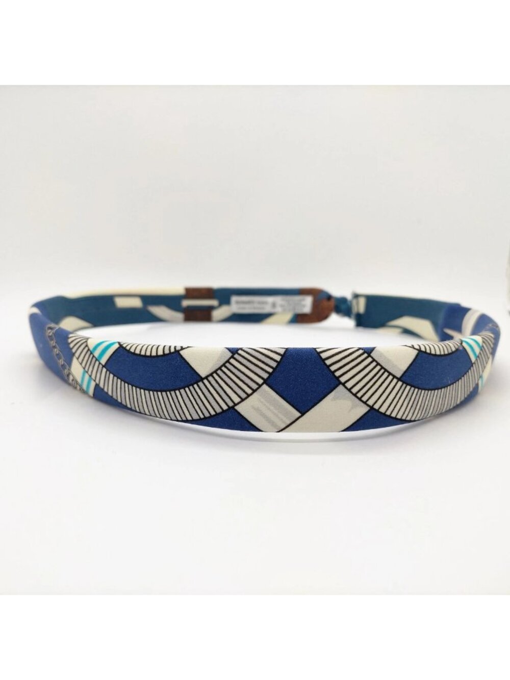 HERMÈS Paris Stretch Silk Waist Belt Size S Blue Geometric Made in France